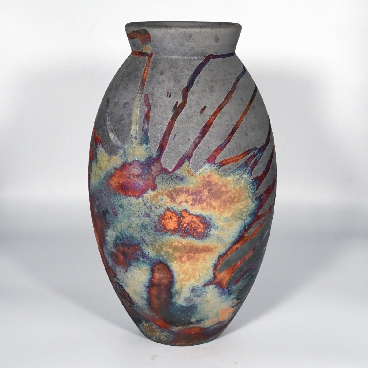 RAAQUU Large Oval Ceramic Vase Carbon Copper S/N0000826 13.5" Raku Pottery Unique Handmade ceramic pottery raku vases, urns, and home decor, sculptures, wall decor, gifts by Adil Ghani