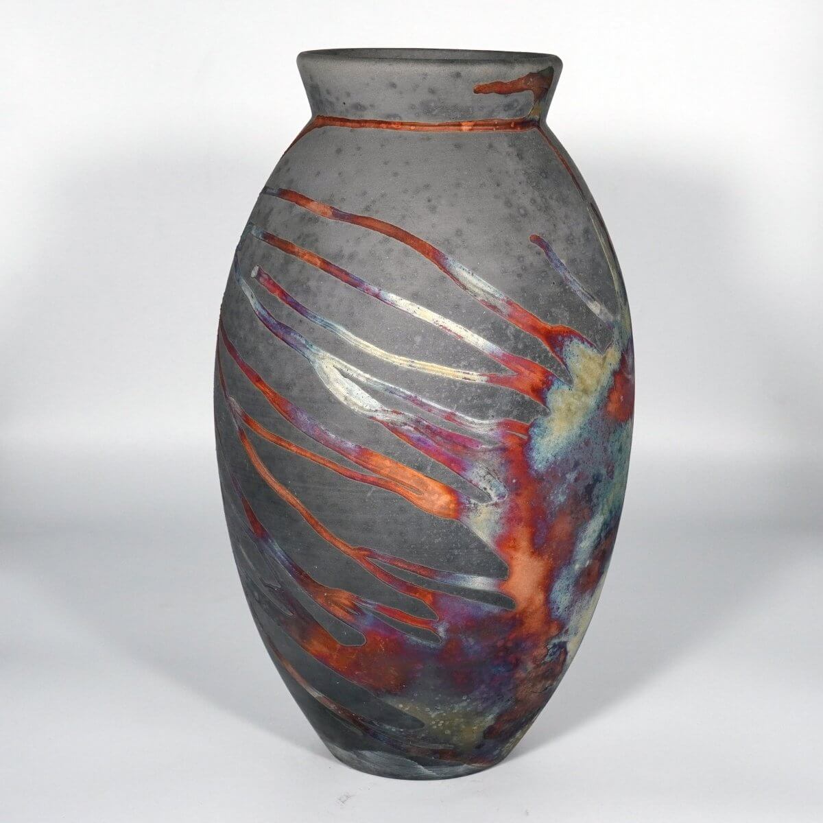 RAAQUU Large Oval Ceramic Vase Carbon Copper S/N0000826 13.5" Raku Pottery Unique Handmade ceramic pottery raku vases, urns, and home decor, sculptures, wall decor, gifts by Adil Ghani