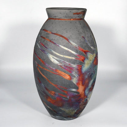 RAAQUU Large Oval Ceramic Vase Carbon Copper S/N0000826 13.5" Raku Pottery Unique Handmade ceramic pottery raku vases, urns, and home decor, sculptures, wall decor, gifts by Adil Ghani
