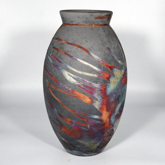RAAQUU Large Oval Ceramic Vase Carbon Copper S/N0000826 13.5" Raku Pottery Unique Handmade ceramic pottery raku vases, urns, and home decor, sculptures, wall decor, gifts by Adil Ghani