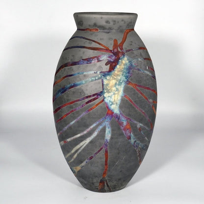 RAAQUU Large Oval Ceramic Vase Carbon Copper S/N0000826 13.5" Raku Pottery Unique Handmade ceramic pottery raku vases, urns, and home decor, sculptures, wall decor, gifts by Adil Ghani