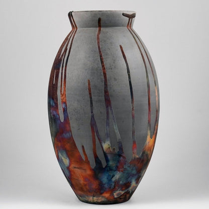 RAAQUU Large Oval Ceramic Vase Carbon Copper S/N0000904 13.5" Raku Pottery - RAAQUU