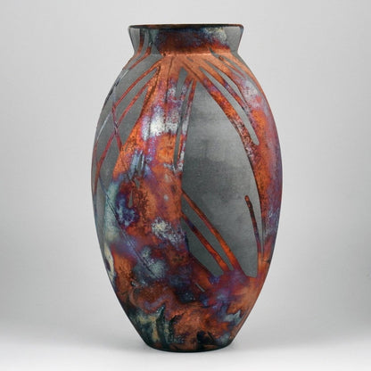 RAAQUU Large Oval Ceramic Vase Carbon Copper S/N0000914 13.5" Raku Pottery - RAAQUU