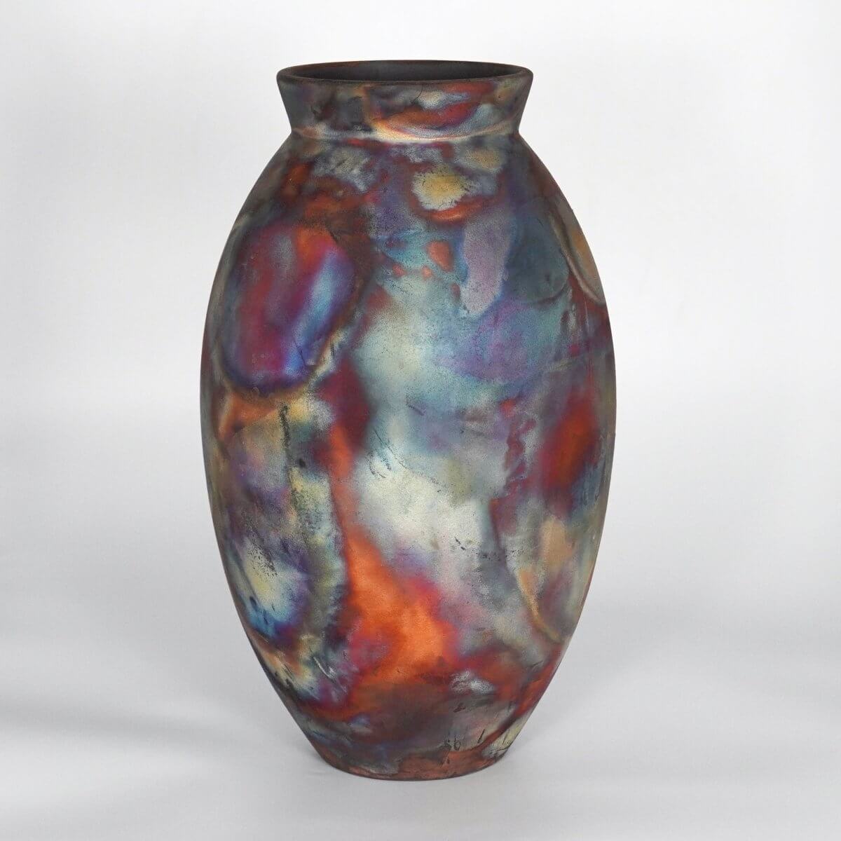 RAAQUU Large Oval Ceramic Vase Full Copper Matte S/N0000700 13.5" Raku Pottery Unique Handmade ceramic pottery raku vases, urns, and home decor, sculptures, wall decor, gifts by Adil Ghani