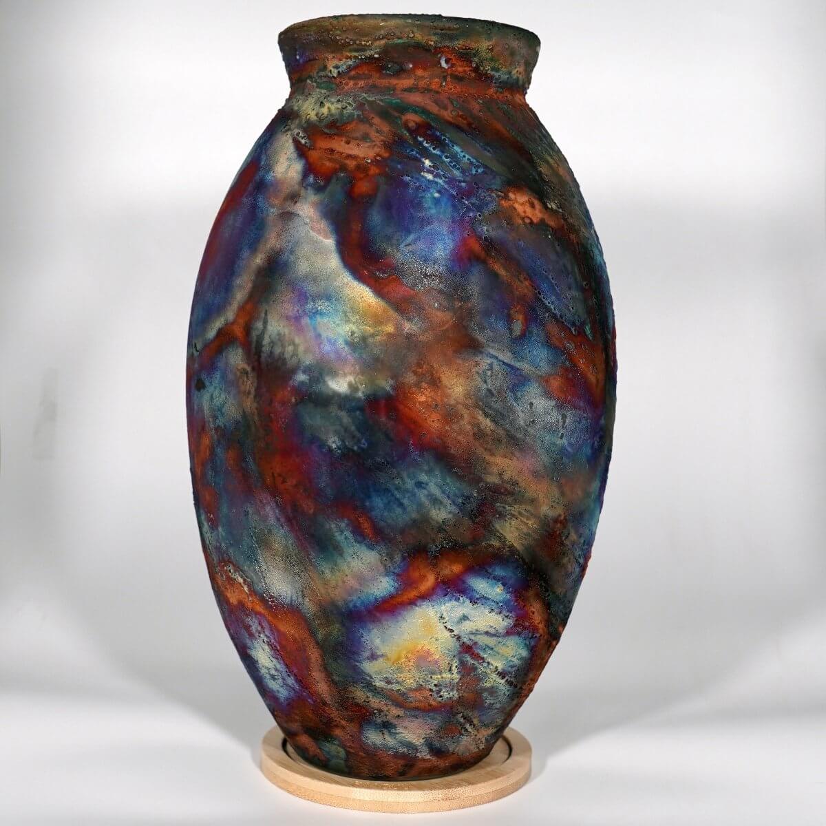 RAAQUU Large Oval Ceramic Vase Full Copper Matte S/N0000743 13.5" Raku Pottery Unique Handmade ceramic pottery raku vases, urns, and home decor, sculptures, wall decor, gifts by Adil Ghani
