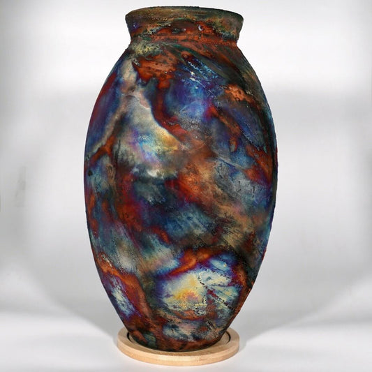 RAAQUU Large Oval Ceramic Vase Full Copper Matte S/N0000743 13.5" Raku Pottery Unique Handmade ceramic pottery raku vases, urns, and home decor, sculptures, wall decor, gifts by Adil Ghani