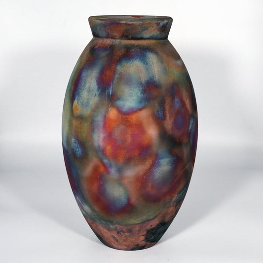 RAAQUU Large Oval Ceramic Vase Full Copper Matte S/N0000825 13.5" Raku Pottery Unique Handmade ceramic pottery raku vases, urns, and home decor, sculptures, wall decor, gifts by Adil Ghani