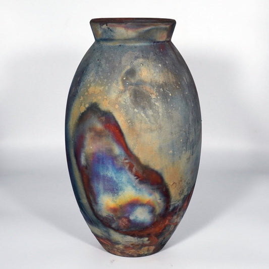 RAAQUU Large Oval Ceramic Vase Full Copper Matte S/N0000867 13.5" Raku Pottery Unique Handmade ceramic pottery raku vases, urns, and home decor, sculptures, wall decor, gifts by Adil Ghani