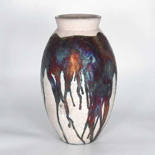 RAAQUU Large Oval Ceramic Vase Half Copper Matte S/N0000186 13.5" Raku Pottery Unique Handmade ceramic pottery raku vases, urns, and home decor, sculptures, wall decor, gifts by Adil Ghani