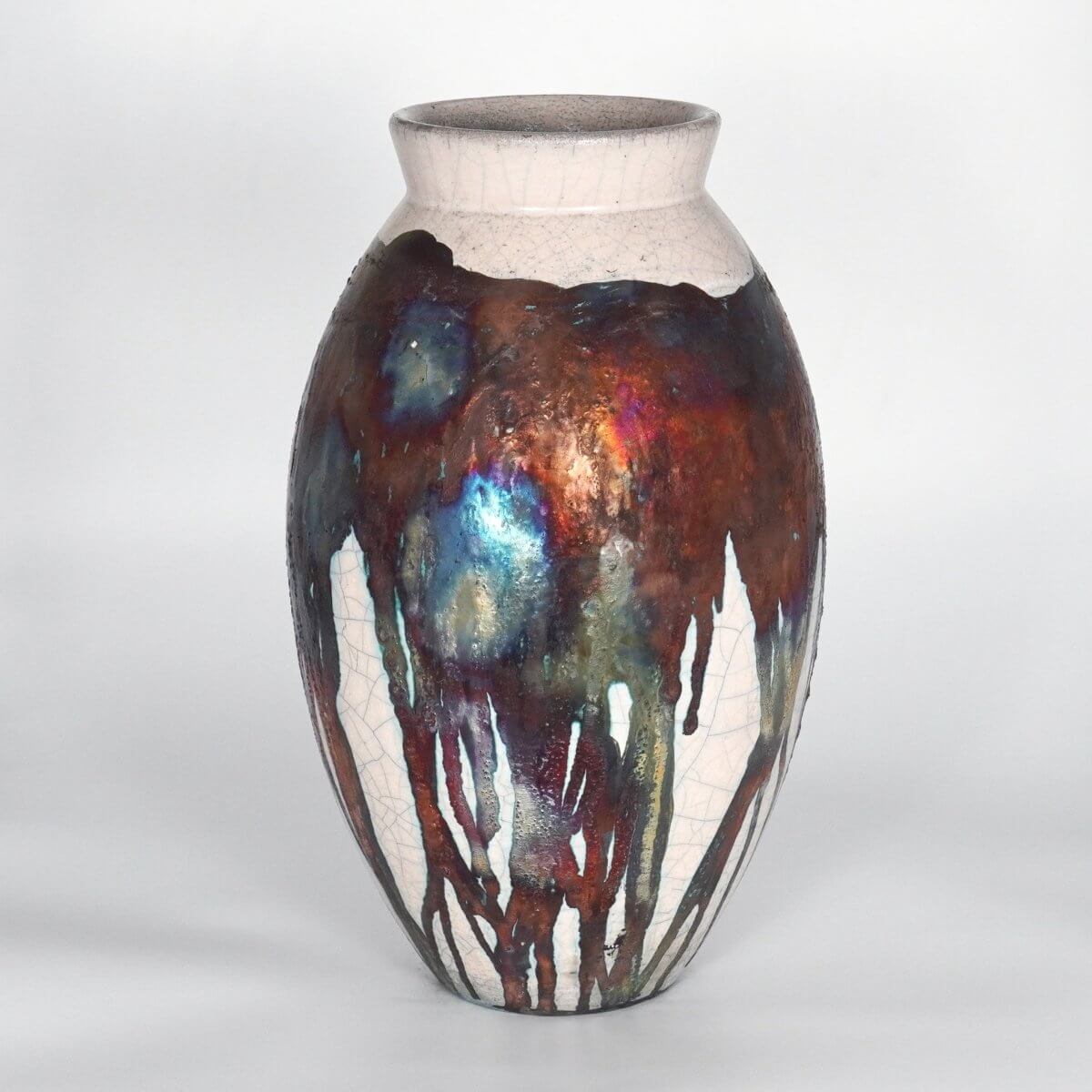 RAAQUU Large Oval Ceramic Vase Half Copper Matte S/N0000186 13.5" Raku Pottery Unique Handmade ceramic pottery raku vases, urns, and home decor, sculptures, wall decor, gifts by Adil Ghani