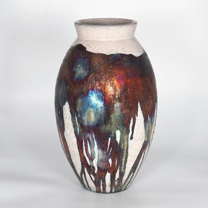 RAAQUU Large Oval Ceramic Vase Half Copper Matte S/N0000186 13.5" Raku Pottery Unique Handmade ceramic pottery raku vases, urns, and home decor, sculptures, wall decor, gifts by Adil Ghani
