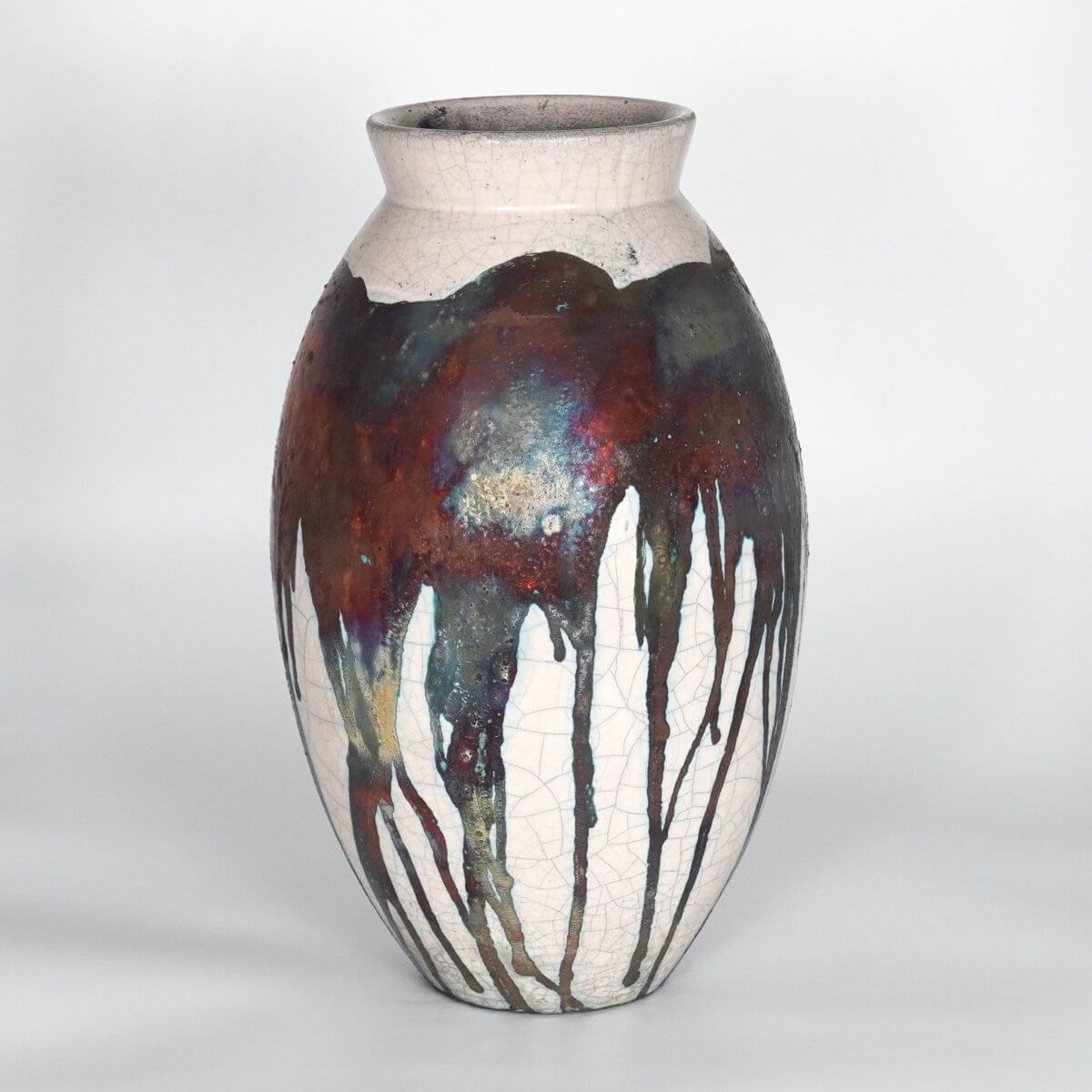 RAAQUU Large Oval Ceramic Vase Half Copper Matte S/N0000186 13.5" Raku Pottery Unique Handmade ceramic pottery raku vases, urns, and home decor, sculptures, wall decor, gifts by Adil Ghani