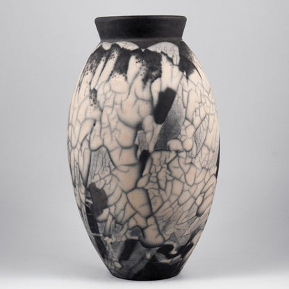 RAAQUU Large Oval Ceramic Vase Smoked Raku S/N0000596 13.5" Raku Pottery - RAAQUU