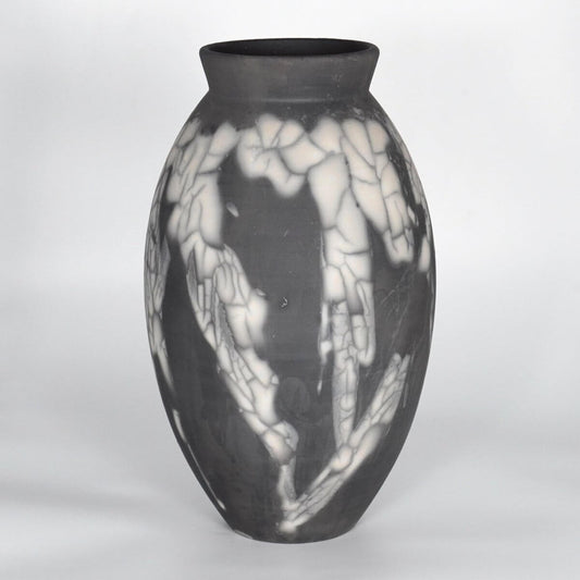 RAAQUU Large Oval Ceramic Vase Smoked Raku S/N0000868 13.5" Raku Pottery Unique Handmade ceramic pottery raku vases, urns, and home decor, sculptures, wall decor, gifts by Adil Ghani
