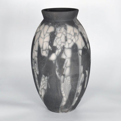 RAAQUU Large Oval Ceramic Vase Smoked Raku S/N0000868 13.5" Raku Pottery Unique Handmade ceramic pottery raku vases, urns, and home decor, sculptures, wall decor, gifts by Adil Ghani
