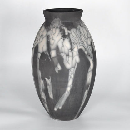 RAAQUU Large Oval Ceramic Vase Smoked Raku S/N0000868 13.5" Raku Pottery Unique Handmade ceramic pottery raku vases, urns, and home decor, sculptures, wall decor, gifts by Adil Ghani