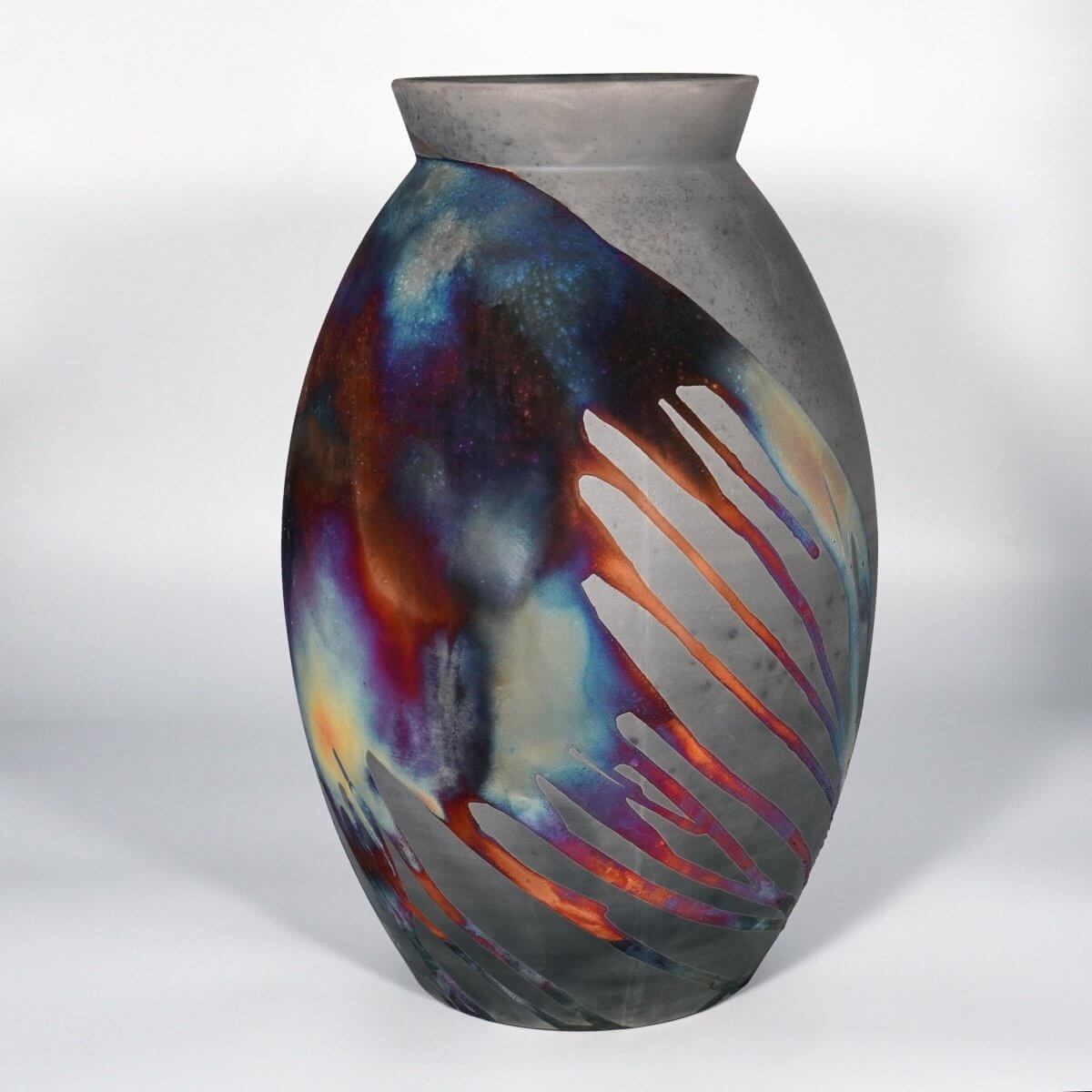 RAAQUU Large Oval XL Ceramic Vase Carbon Copper S/N0000833 14" Raku Pottery Unique Handmade ceramic pottery raku vases, urns, and home decor, sculptures, wall decor, gifts by Adil Ghani