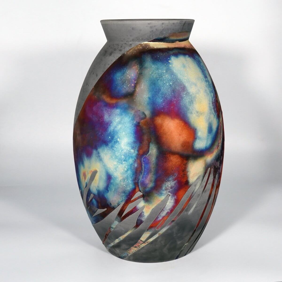 RAAQUU Large Oval XL Ceramic Vase Carbon Copper S/N0000837 14" Raku Pottery Unique Handmade ceramic pottery raku vases, urns, and home decor, sculptures, wall decor, gifts by Adil Ghani