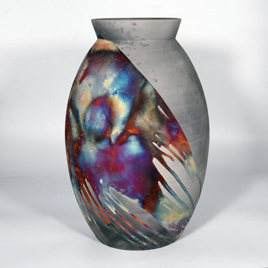 RAAQUU Large Oval XL Ceramic Vase Carbon Copper S/N0000837 14" Raku Pottery Unique Handmade ceramic pottery raku vases, urns, and home decor, sculptures, wall decor, gifts by Adil Ghani