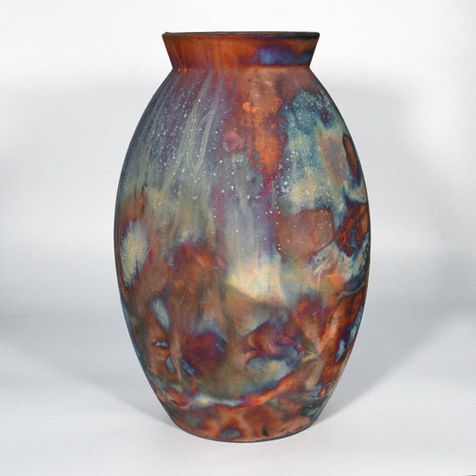 RAAQUU Large Oval XL Ceramic Vase Carbon Copper S/N0000838 14" Raku Pottery Unique Handmade ceramic pottery raku vases, urns, and home decor, sculptures, wall decor, gifts by Adil Ghani