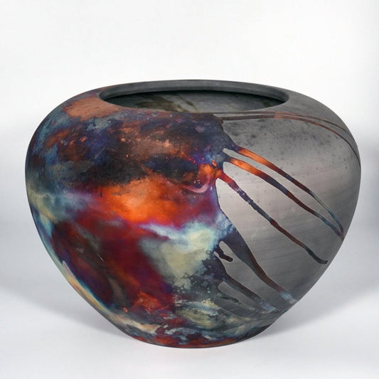 RAAQUU Large Tsubomi Ceramic Vase Carbon Copper S/N0000835 13" Wide Raku Pottery Unique Handmade ceramic pottery raku vases, urns, and home decor, sculptures, wall decor, gifts by Adil Ghani