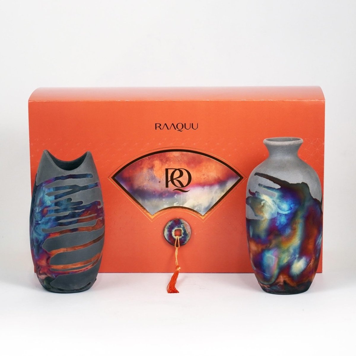 Raku Pottery 2 Vase Premium Gift Box - with handwritten custom note - handmade ceramic home decor mothers day gift - RAAQUU