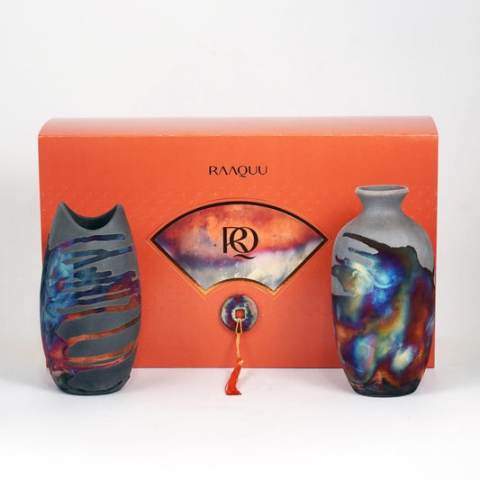 Raku Pottery 2 Vase Premium Gift Box - with handwritten custom note - handmade ceramic home decor mothers day gift - RAAQUU