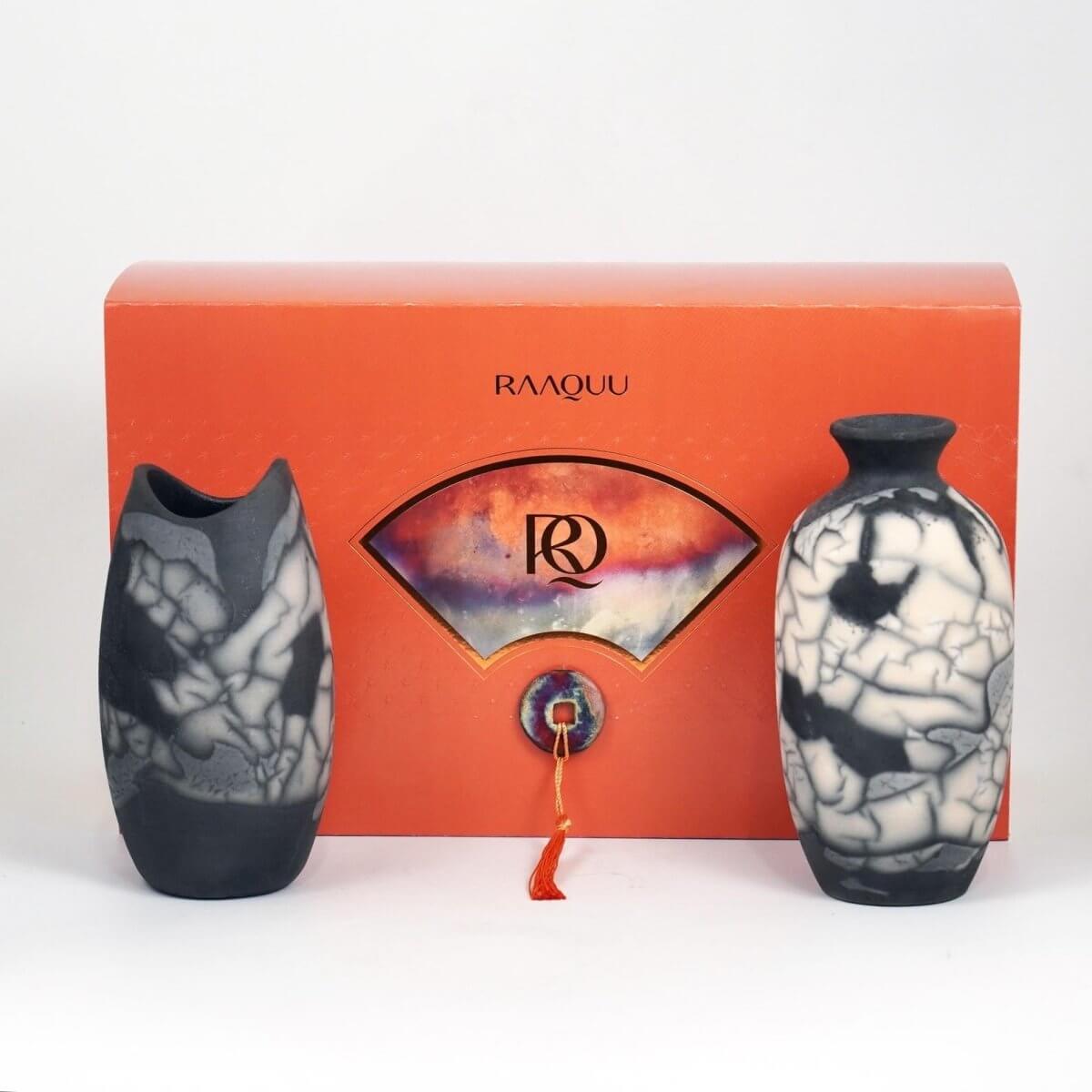 Raku Pottery 2 Vase Premium Gift Box - with handwritten custom note - handmade ceramic home decor mothers day gift - RAAQUU