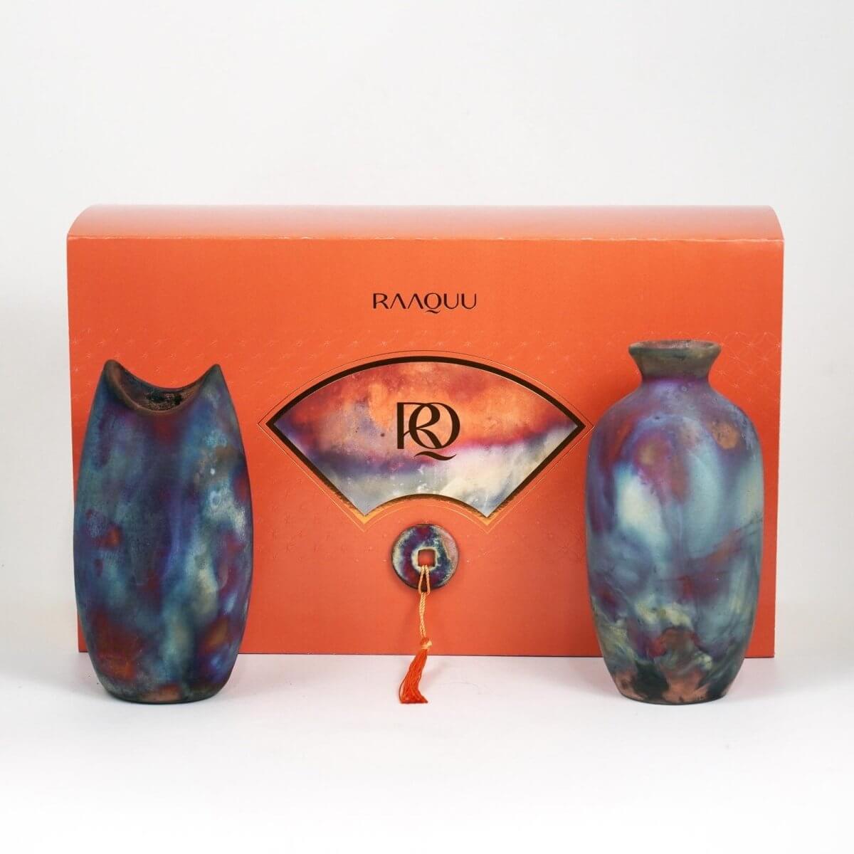 Raku Pottery 2 Vase Premium Gift Box - with handwritten custom note - handmade ceramic home decor mothers day gift - RAAQUU