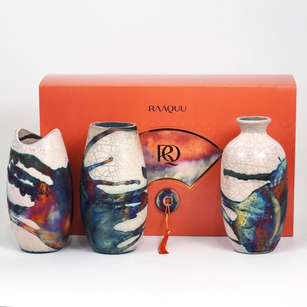 Raku Pottery 3 Vase Premium Gift Box - with handwritten custom note - handmade ceramic home decor mothers day gift - RAAQUU