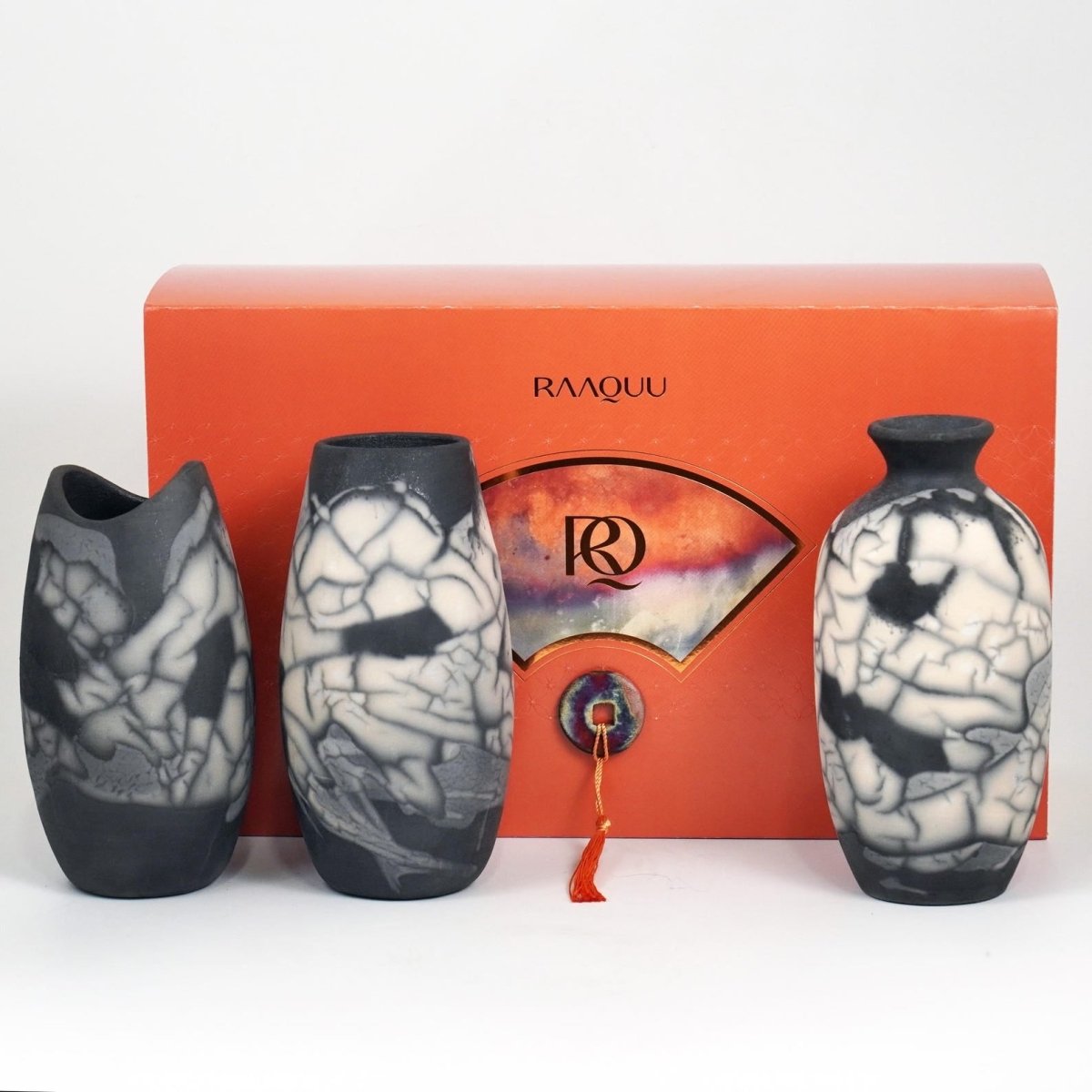 Raku Pottery 3 Vase Premium Gift Box - with handwritten custom note - handmade ceramic home decor mothers day gift - RAAQUU