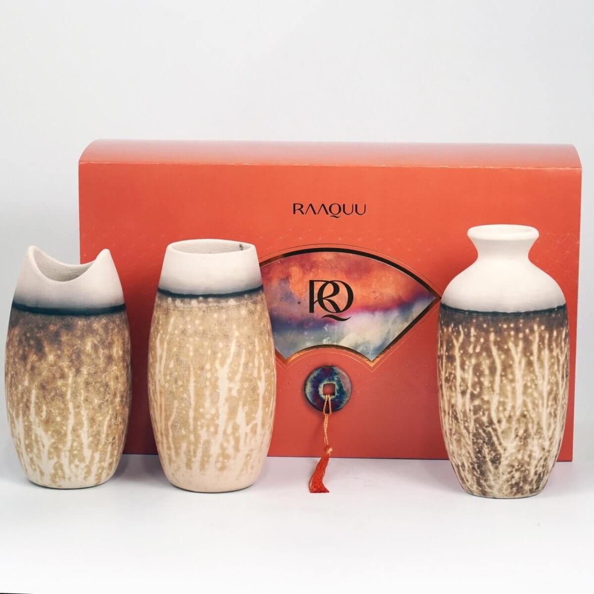 Raku Pottery 3 Vase Premium Gift Box - with handwritten custom note - handmade ceramic home decor mothers day gift - RAAQUU