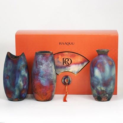 Raku Pottery 3 Vase Premium Gift Box - with handwritten custom note - handmade ceramic home decor mothers day gift - RAAQUU