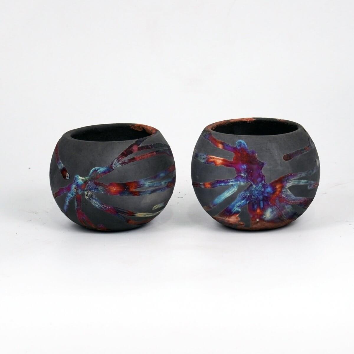 Tsuchi Ceramic Raku Pottery Planter Pot 10CM Wide Finish Set of 2 - RAAQUU