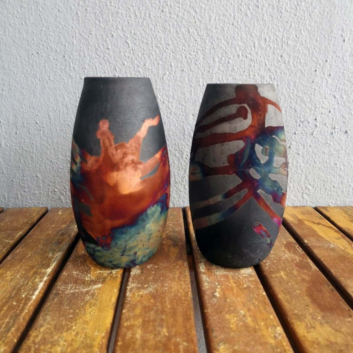 2 Pack Tsuri Ceramic Raku Pottery Vases Unique Handmade ceramic pottery raku vases, urns, and home decor, sculptures, wall decor, gifts by Adil Ghani