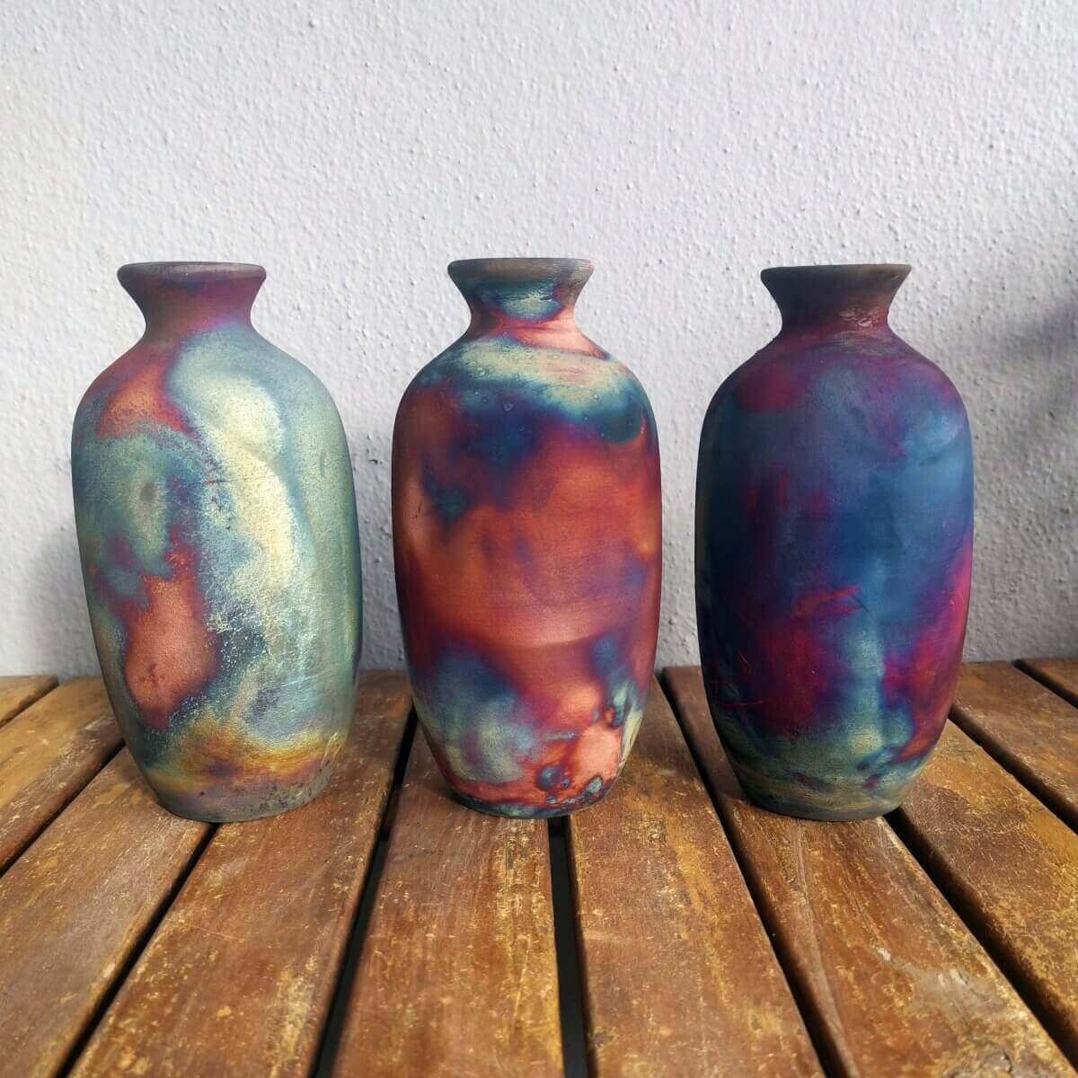 3 Pack Koban Ceramic Raku Vases with Water Tube Unique Handmade ceramic pottery raku vases, urns, and home decor, sculptures, wall decor, gifts by Adil Ghani