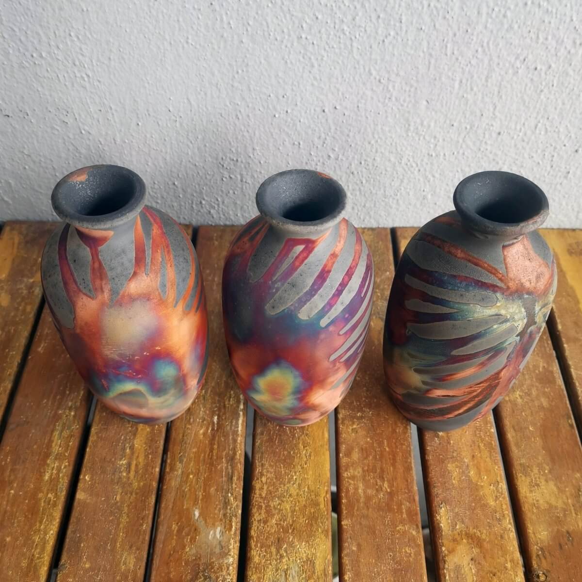 3 Pack Koban Ceramic Raku Vases with Water Tube Unique Handmade ceramic pottery raku vases, urns, and home decor, sculptures, wall decor, gifts by Adil Ghani