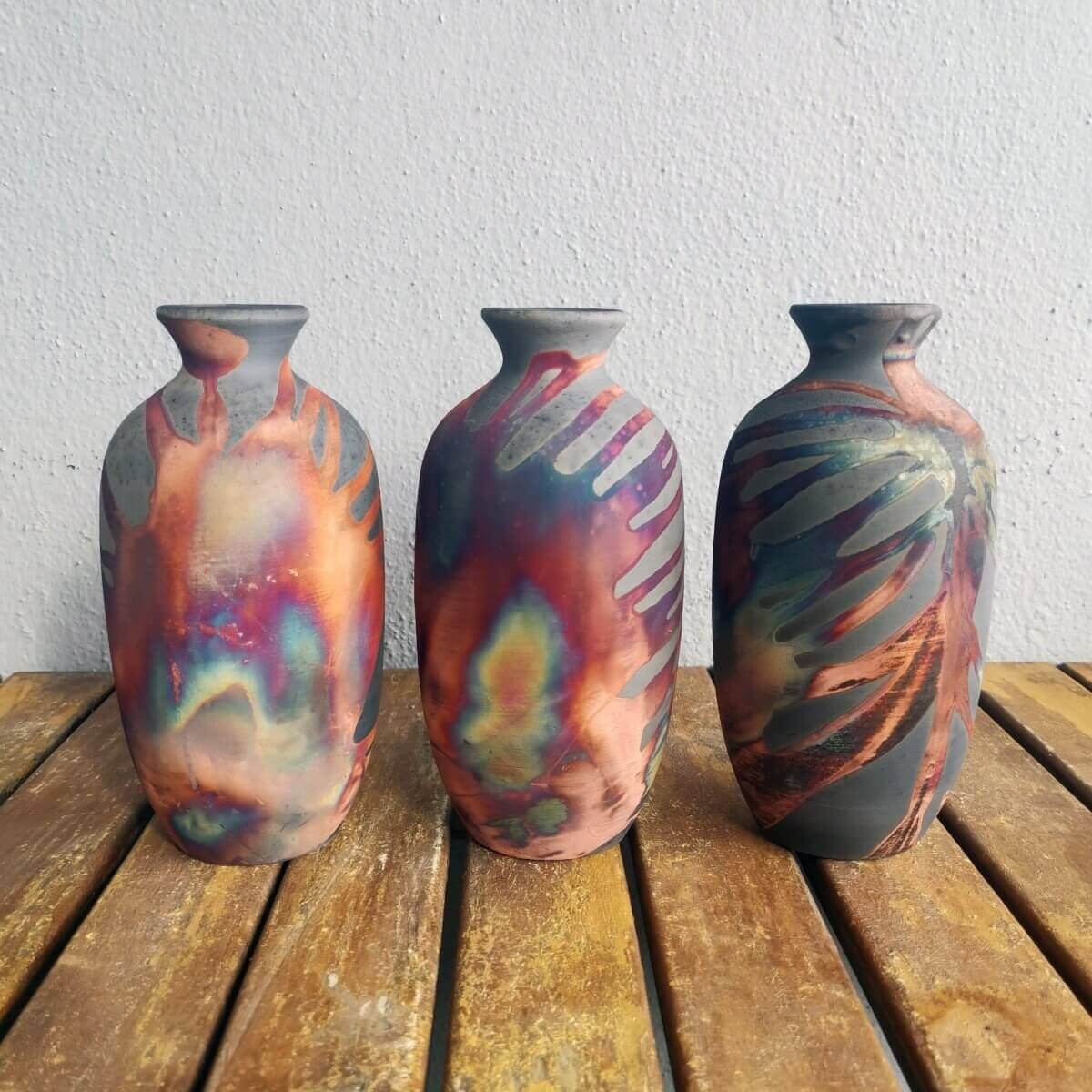 3 Pack Koban Ceramic Raku Vases with Water Tube Unique Handmade ceramic pottery raku vases, urns, and home decor, sculptures, wall decor, gifts by Adil Ghani