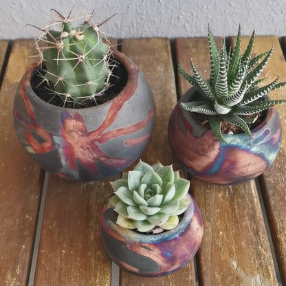 Tsuchi Ceramic Raku Planter Pot Set of 3 for Indoor plants, cactus, and succulents - RAAQUU Basics handmade pottery home decor