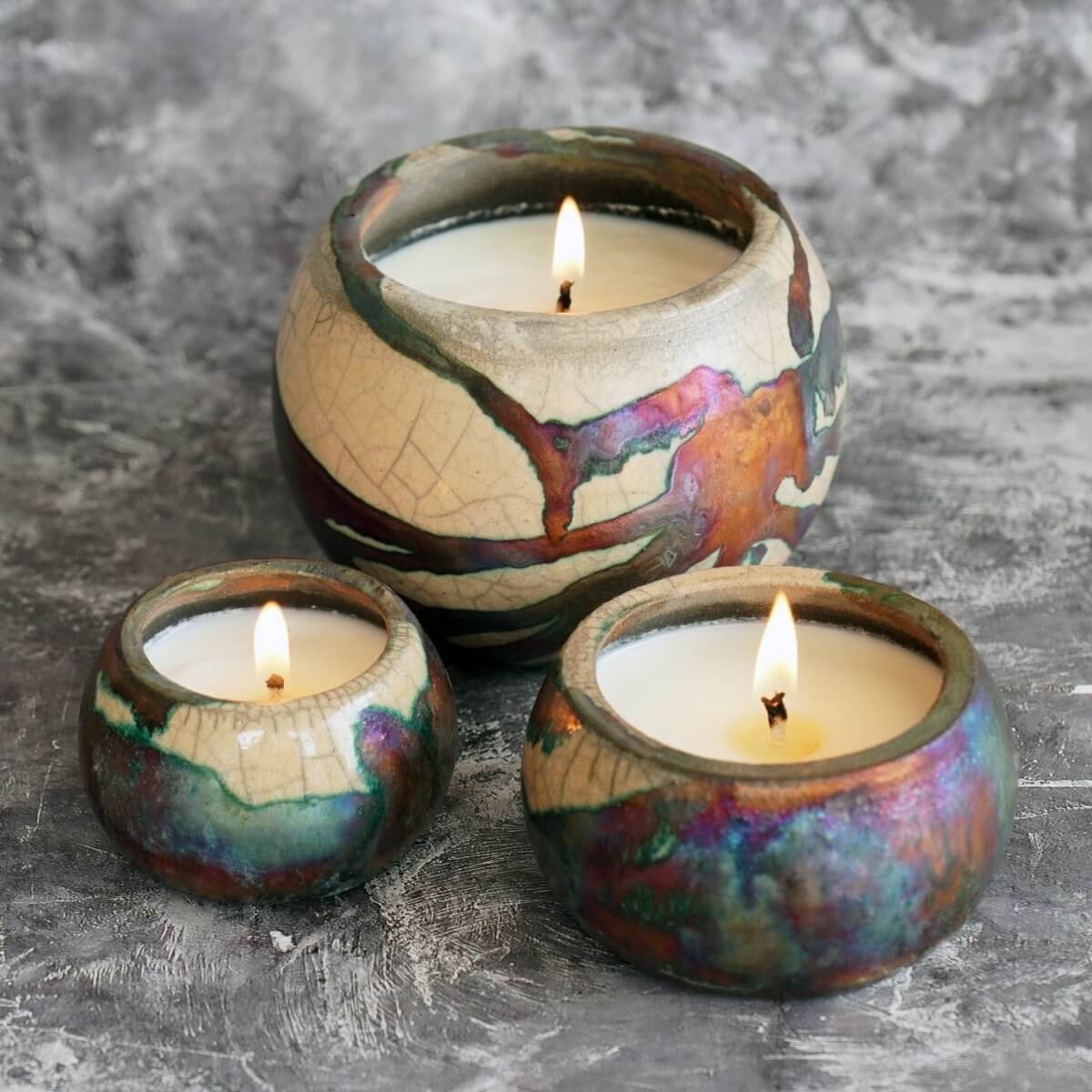 Akari Raku Pottery Refillable Set of 3 ( 1 L, 1M, 1S ) Scented Soy Wax Candles Unique Handmade ceramic pottery raku vases, urns, and home decor, sculptures, wall decor, gifts by Adil Ghani