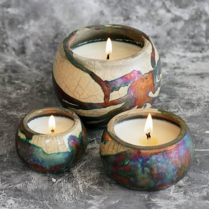 Akari Raku Pottery Refillable Set of 3 ( 1 L, 1M, 1S ) Scented Soy Wax Candles Unique Handmade ceramic pottery raku vases, urns, and home decor, sculptures, wall decor, gifts by Adil Ghani
