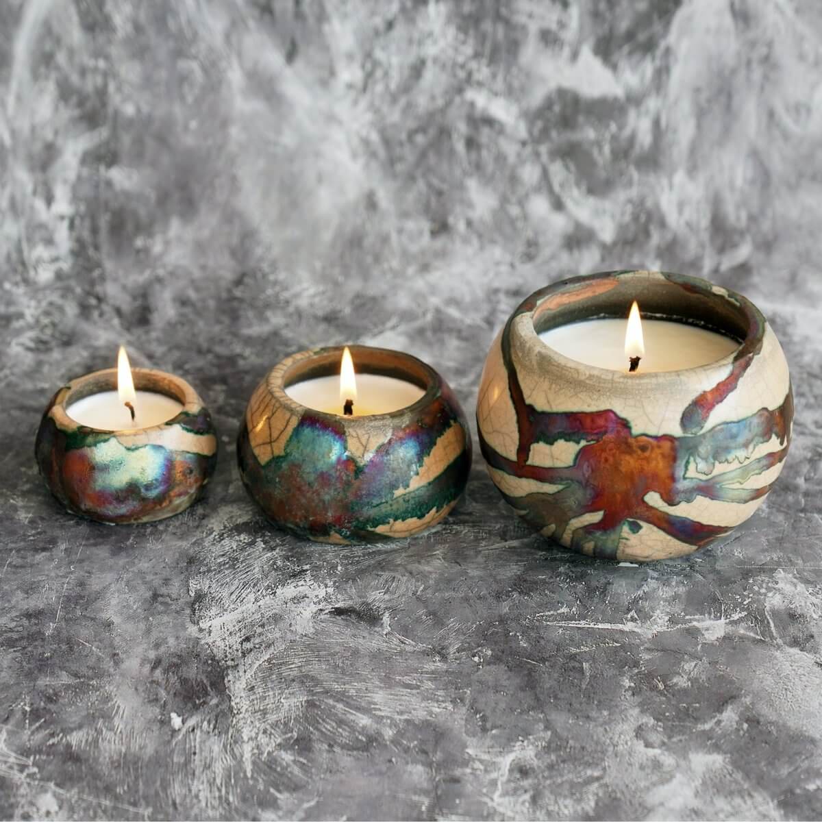 Akari Raku Pottery Refillable Set of 3 ( 1 L, 1M, 1S ) Scented Soy Wax Candles Unique Handmade ceramic pottery raku vases, urns, and home decor, sculptures, wall decor, gifts by Adil Ghani