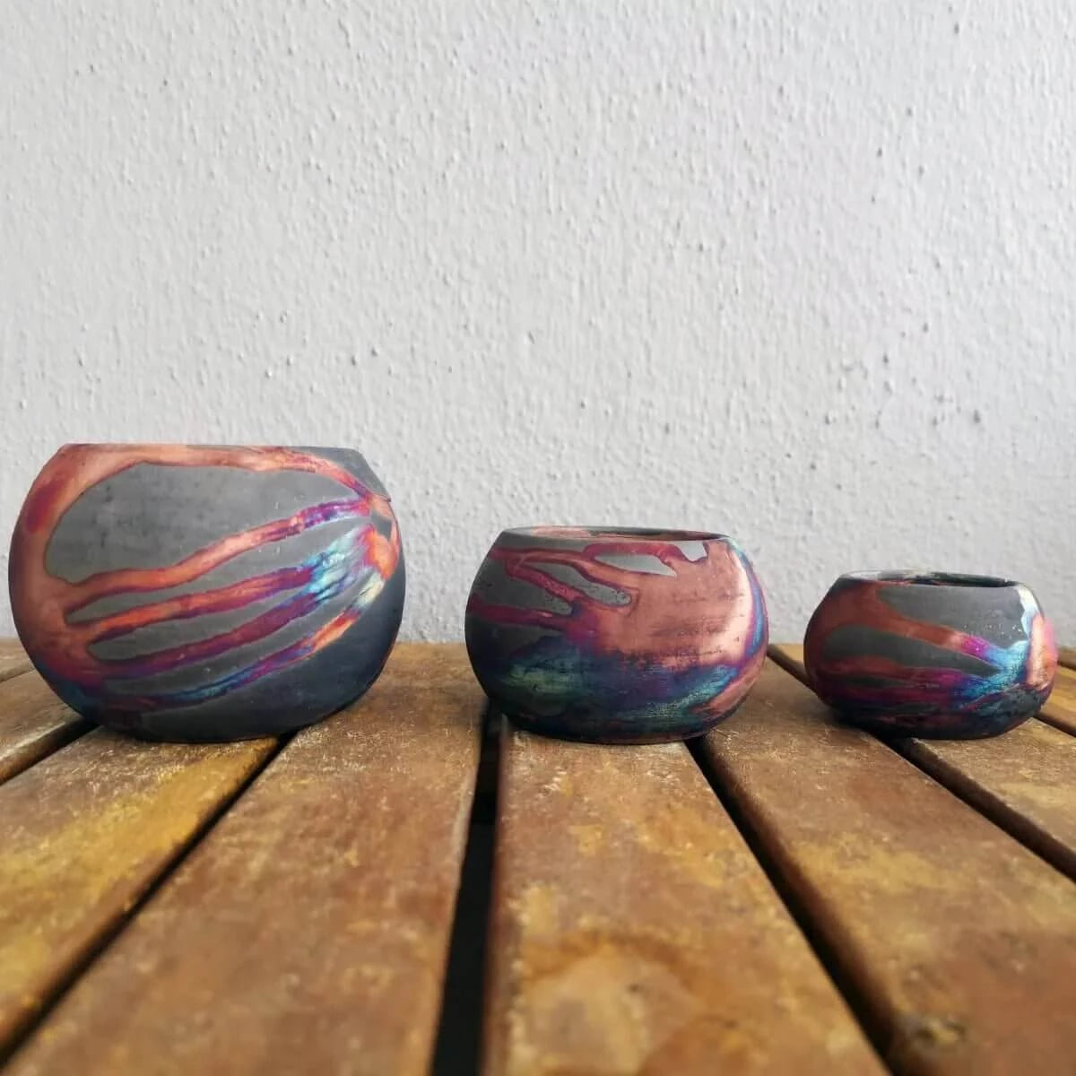Akari Raku Pottery Refillable Set of 3 ( 1 L, 1M, 1S ) Scented Soy Wax Candles Unique Handmade ceramic pottery raku vases, urns, and home decor, sculptures, wall decor, gifts by Adil Ghani