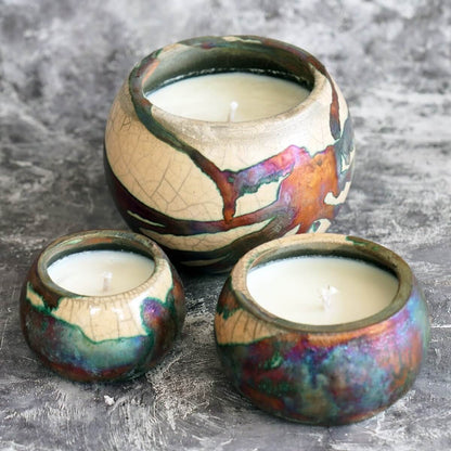 Akari Raku Refillable Set of 3 ( 1 L, 1M, 1S ) Scented Soy Wax Candles - RAAQUU Basics handmade pottery home decor - RAAQUU