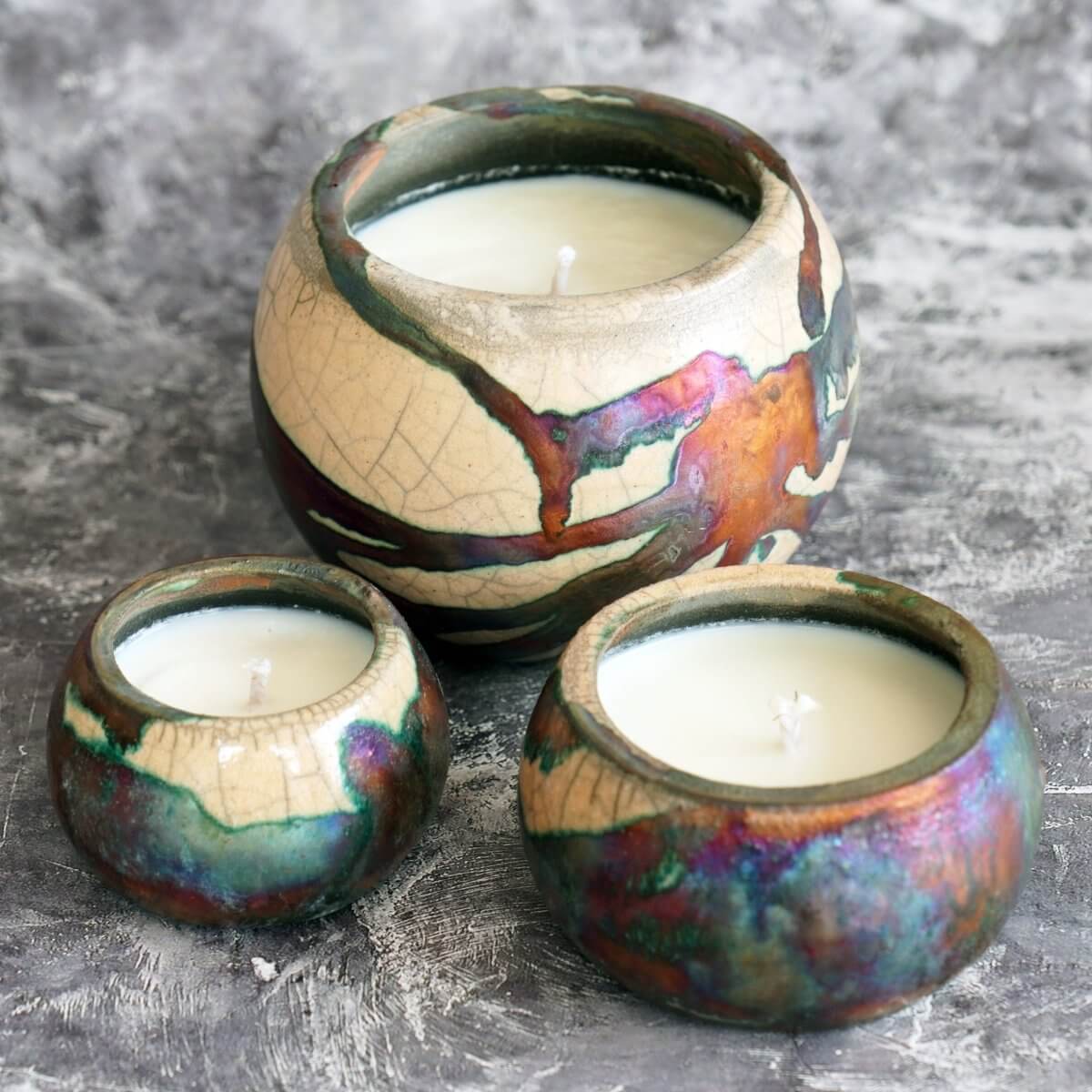Akari Raku Pottery Refillable Set of 3 ( 1 L, 1M, 1S ) Scented Soy Wax Candles Unique Handmade ceramic pottery raku vases, urns, and home decor, sculptures, wall decor, gifts by Adil Ghani
