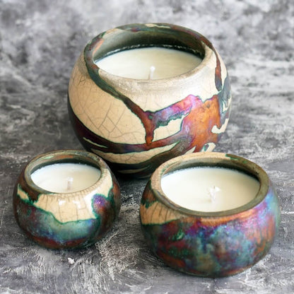 Akari Raku Pottery Refillable Set of 3 ( 1 L, 1M, 1S ) Scented Soy Wax Candles Unique Handmade ceramic pottery raku vases, urns, and home decor, sculptures, wall decor, gifts by Adil Ghani