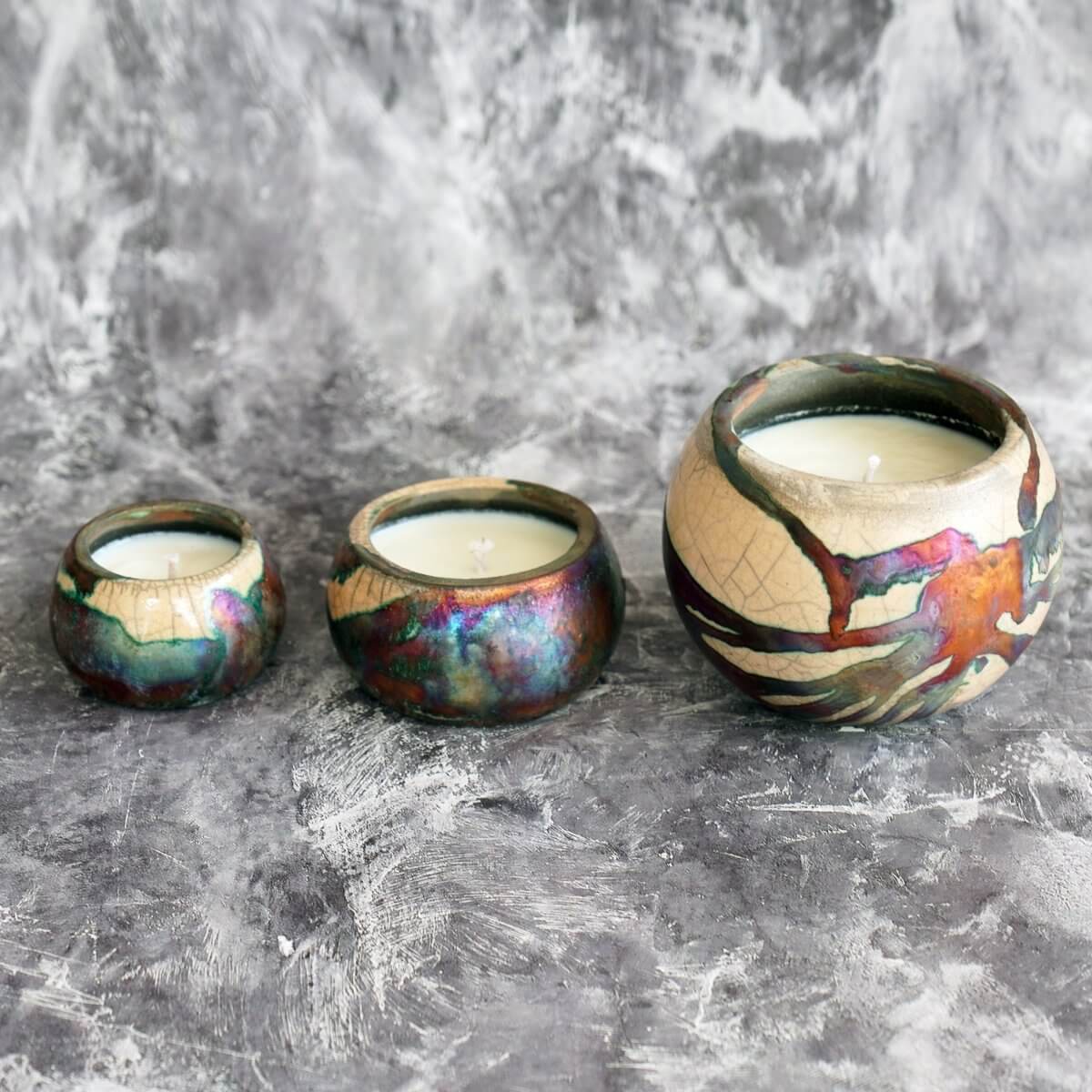 Akari Raku Pottery Refillable Set of 3 ( 1 L, 1M, 1S ) Scented Soy Wax Candles Unique Handmade ceramic pottery raku vases, urns, and home decor, sculptures, wall decor, gifts by Adil Ghani