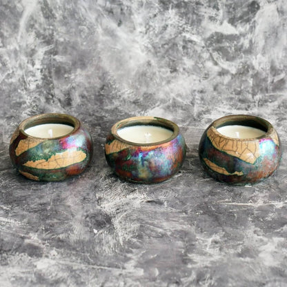 Akari Raku Refillable Set of 3 Small Scented Soy Wax Candles - RAAQUU Basics handmade pottery home decor - RAAQUU