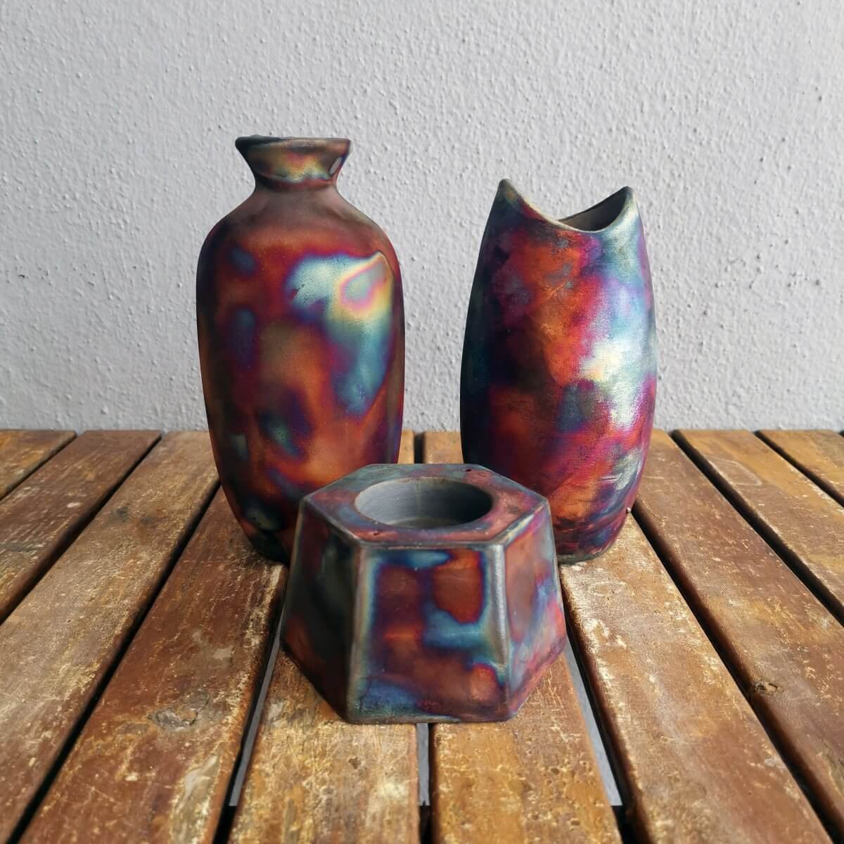Raku Pottery Birthday Gift Set - Keihatsu, Koi, Koban Unique Handmade ceramic pottery raku vases, urns, and home decor, sculptures, wall decor, gifts by Adil Ghani