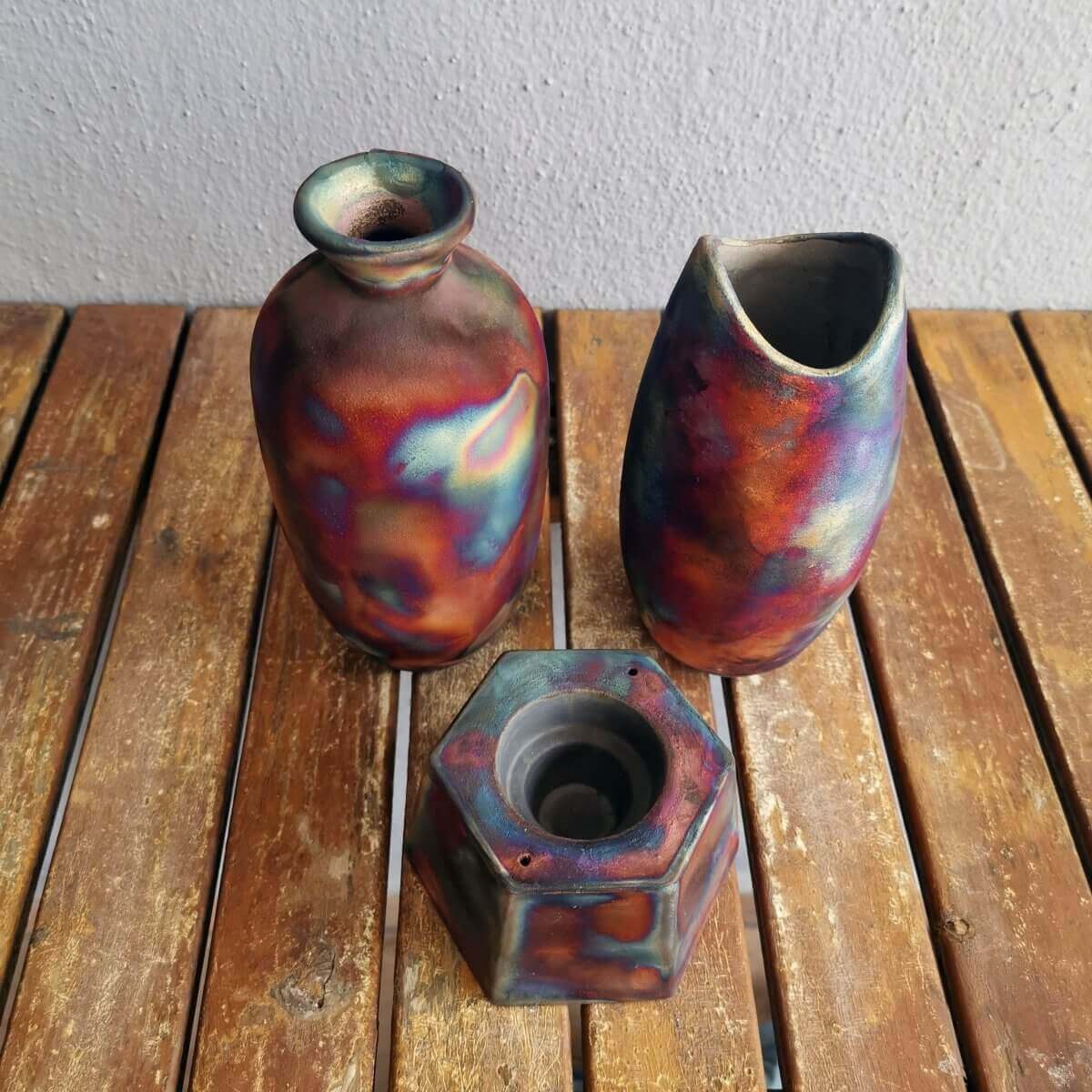 Raku Pottery Birthday Gift Set - Keihatsu, Koi, Koban Unique Handmade ceramic pottery raku vases, urns, and home decor, sculptures, wall decor, gifts by Adil Ghani